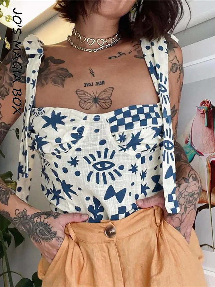 

Jo's Magia Box Print Flowers Strapless Cropped Corest Y2K Women Tank Top 2022 Summer Backless Camis Party Club Female Tanks Tops
