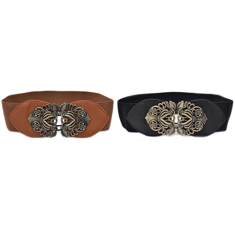 

2X Women's Retro Flower Elastic Stretch Buckle Wide Waist Belt Waistband (Black&Light Tan)