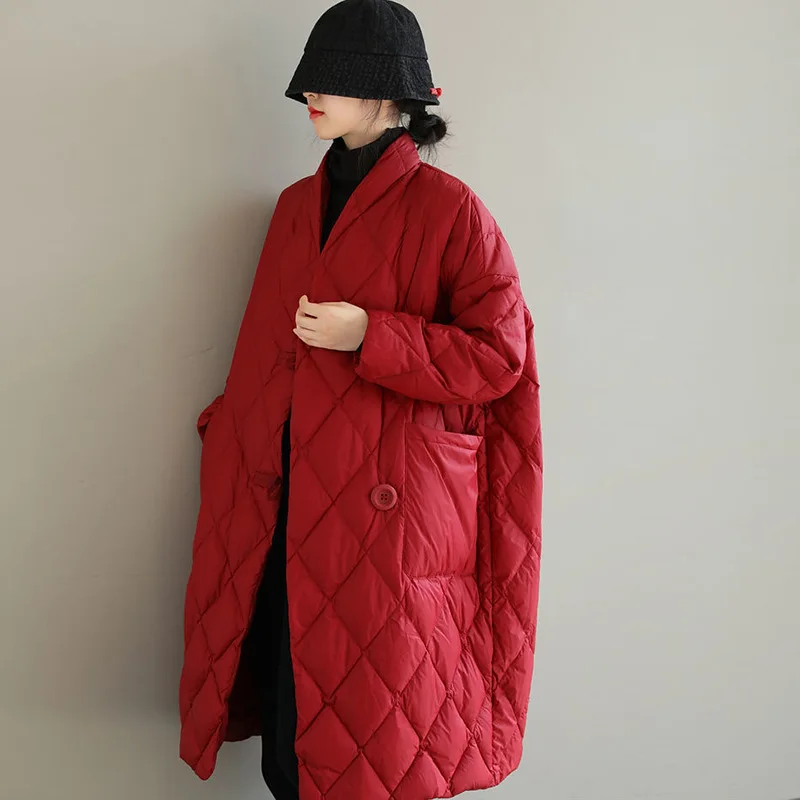 2022 Winter V-neck Medium Long Coat Women's Fashionable Warm and Thin Loose Down Jacket