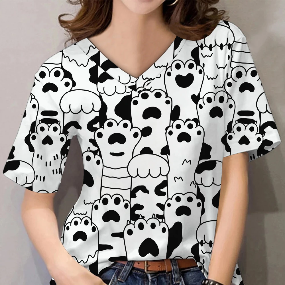 

New Women's T Shirt Cat Paw Pattern Tops V Neck Fashion Pullover Kawaii Casual Short Sleeve Girls Tees Female Harajuku Clothes