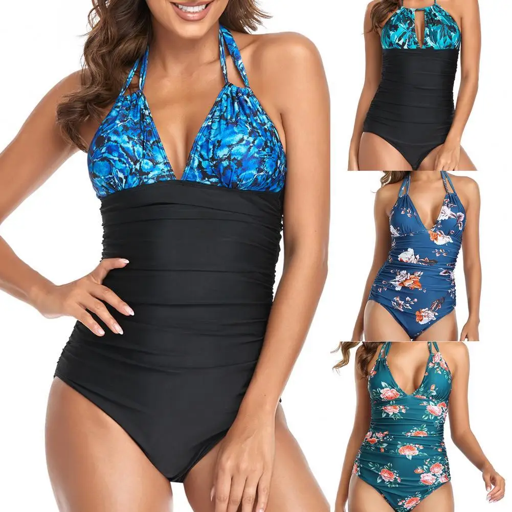

2022 Sexy Bikini Bandage Pleated Swimsuit Floral Patchwork Hanging Neck Women Monokini One Piece Swimsuit Swimwear for Beach