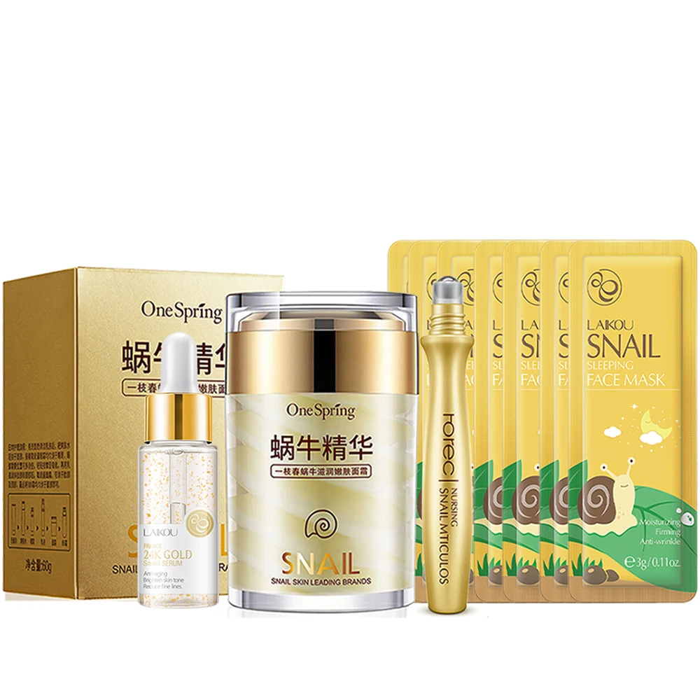 

Hot Sale Snail Essence Anti Wrinkle Aging Eye Serum Moisturizing Nourishing Face Cream Repair Sleeping Mask Face SkinCare Set