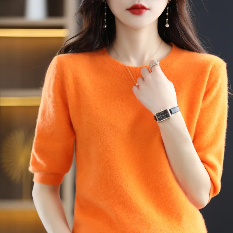 

Spring and Summer New Short-sleeved Women O-neck Slim Wool Cotton Blend Pullover Vest T-shirt Knitted Base Sweater