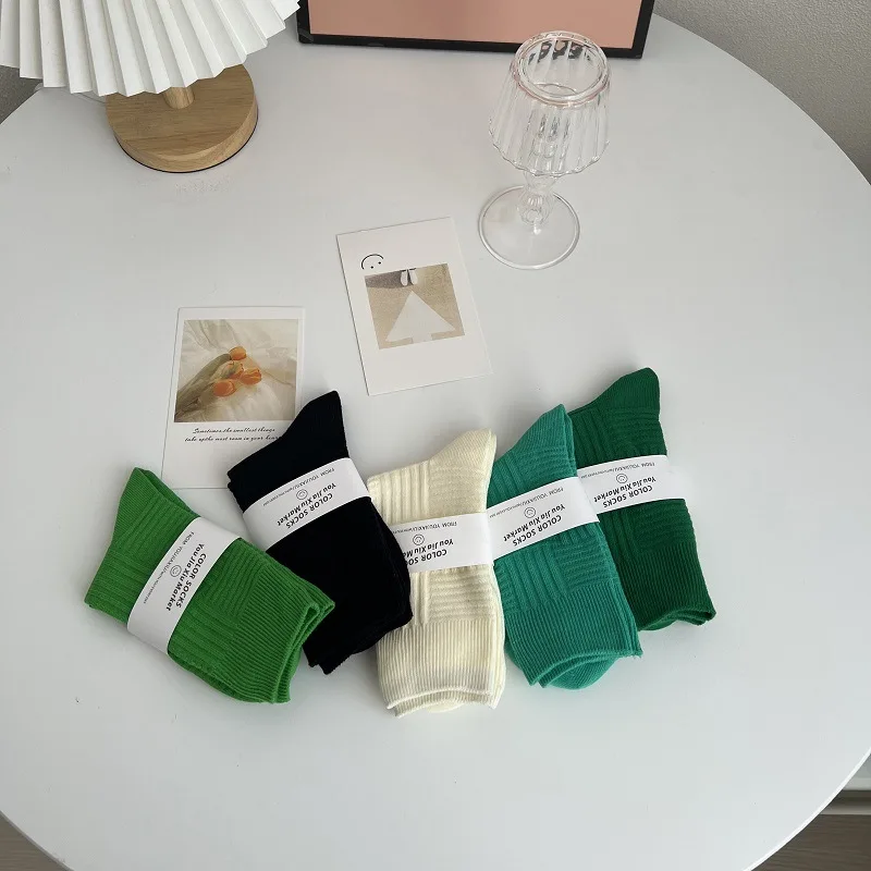 Thick Winter Pattern Knitted Green Crew Socks for Women Cotton Solid Knee High Striped Ankle Socks 5 Pairs/ Lot