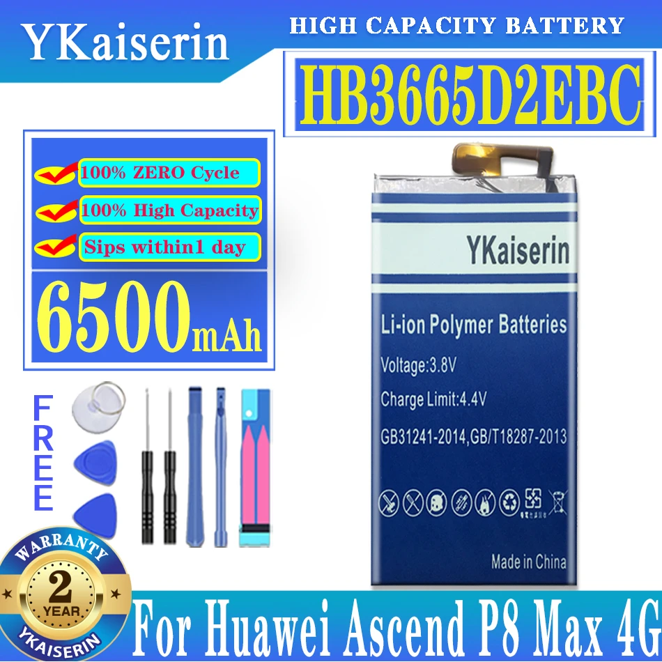 

Замена аккумулятора ykaisin для телефона Hua Wei HB3665D2EBC для Huawei P8 Max 4G W0E13 T40 P8MAX 6500 мАч батарея + Бесплатные инструменты