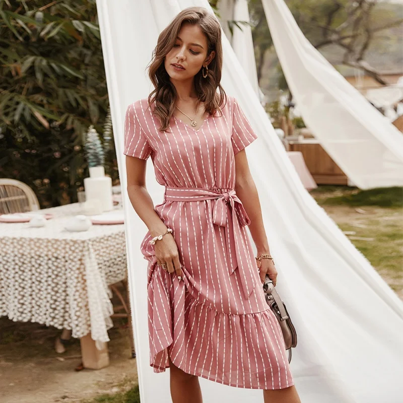 

ClothingVCollar Sexy Temperament Striped Runway Fashion Women's Wear Dress Turn Low Collar Single Breasted Lantern Sleev