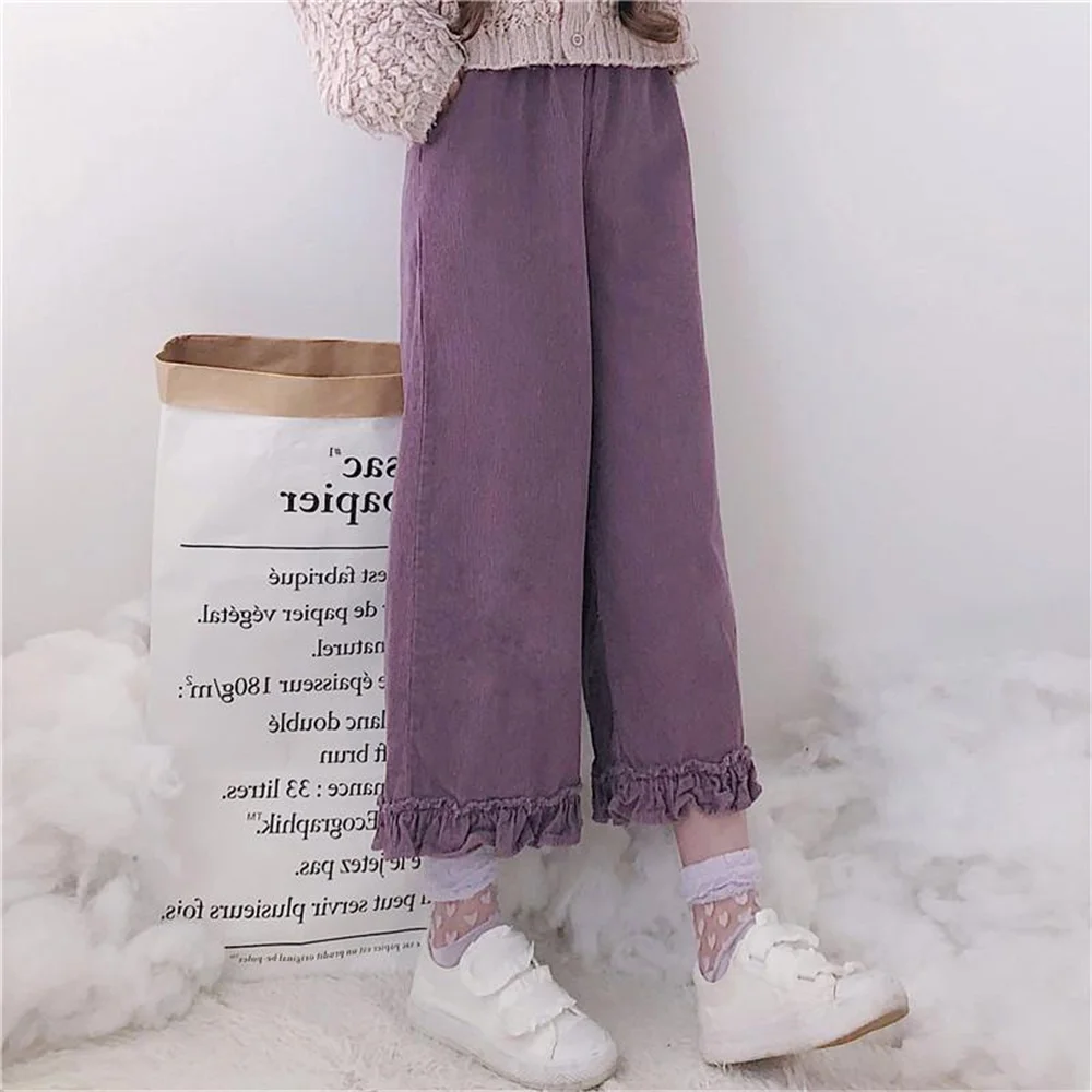 

Kawaii Elastic Waist Lace Trousers Autumn Solid Cargo Trousers Straight Pants Streetwear Workout Harajuku Leggings Pants