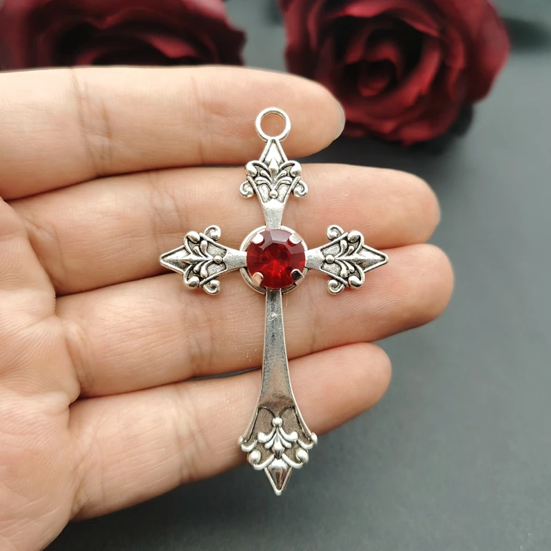 

5pcs 66*40mm Gothic Cross Charm Pendants,Large Red Crystal Colour Statement Trad Goth Jewelry Making Jewelry Accessories