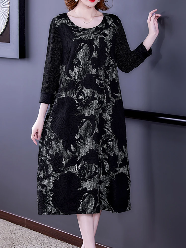 

Autumn Winter Black Jacquard Long Sleeve Midi Dress 2022 Korean Vintage Hepburn Party Vestidos Women Elegant Loose Waist Dresses