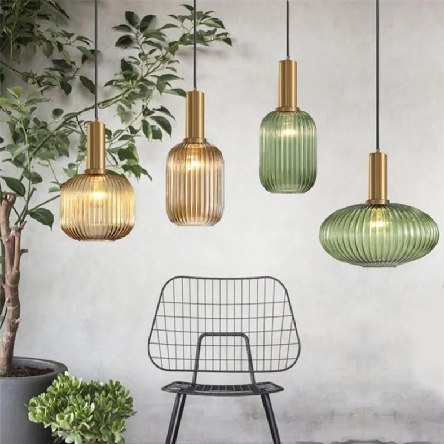 

Nordic creative bar restaurant chandelier simple personality stripe lantern chandelier single head glass chandelier