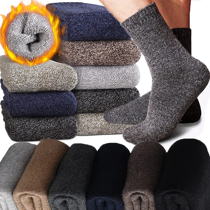 Man Winter Warm Merino Wool Rabbit Solid High Quality Socks Male Cotton Casual Super Thicker Sock