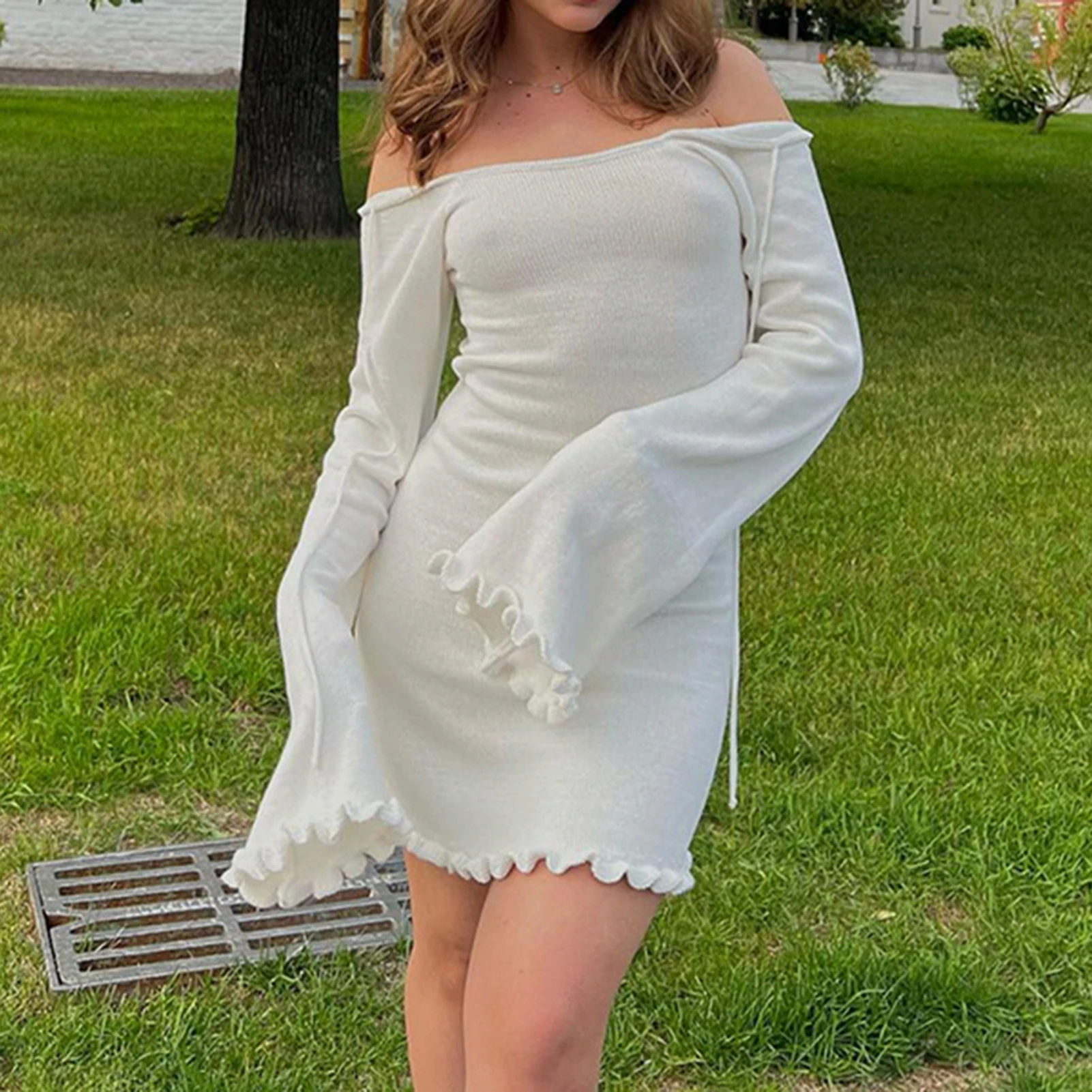 

Женское расклешенное платье с длинным рукавом, однотонное трикотажное платье, облегающий пуловер, шикарный элегантный телефон, повседневный наряд, 2023