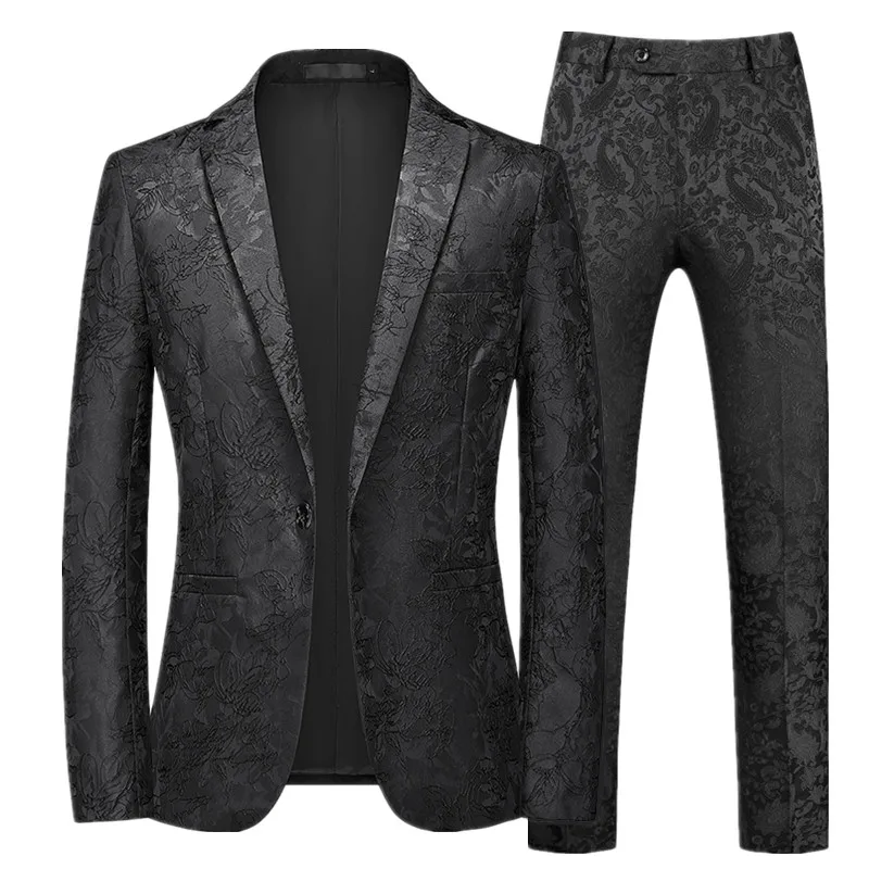 Fashion Brand Men's Jacquard Suit Classic Black / White / Blue / Navy Business Wedding Banquet Party Dress Men Blazers Pants