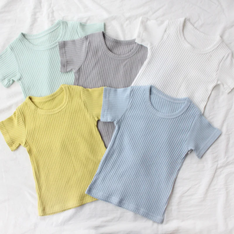 

Летние детские топы, детская одежда, хлопковые футболки для девочек и мальчиков, летние футболки с коротким рукавом, блузка в рубчик, одежда для мальчиков