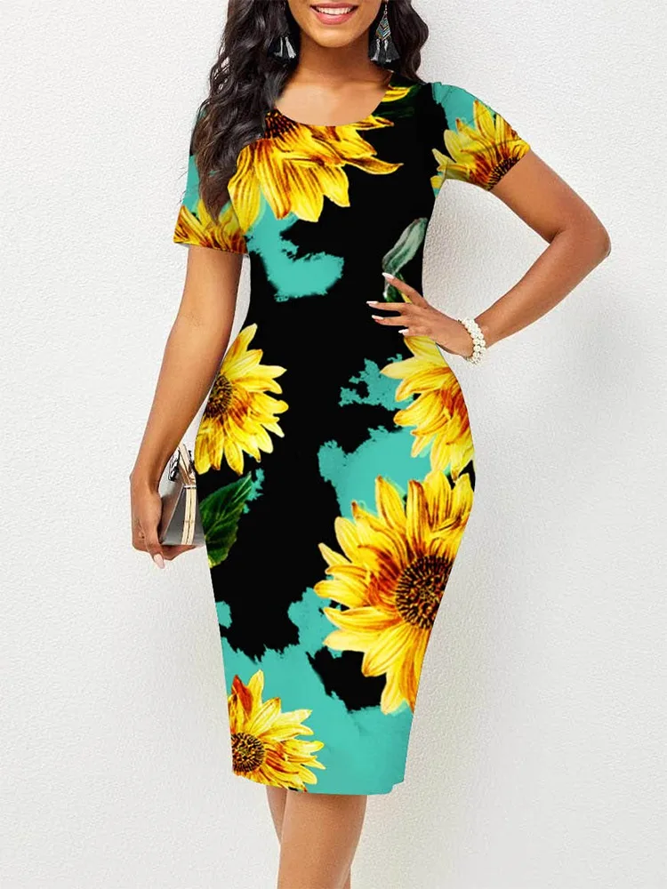 

2023 Autumn Dresses for Women Sunflower Printed Round Neck Work Dress Vestidos De Mujer Casual Elegant Mini Robe Female