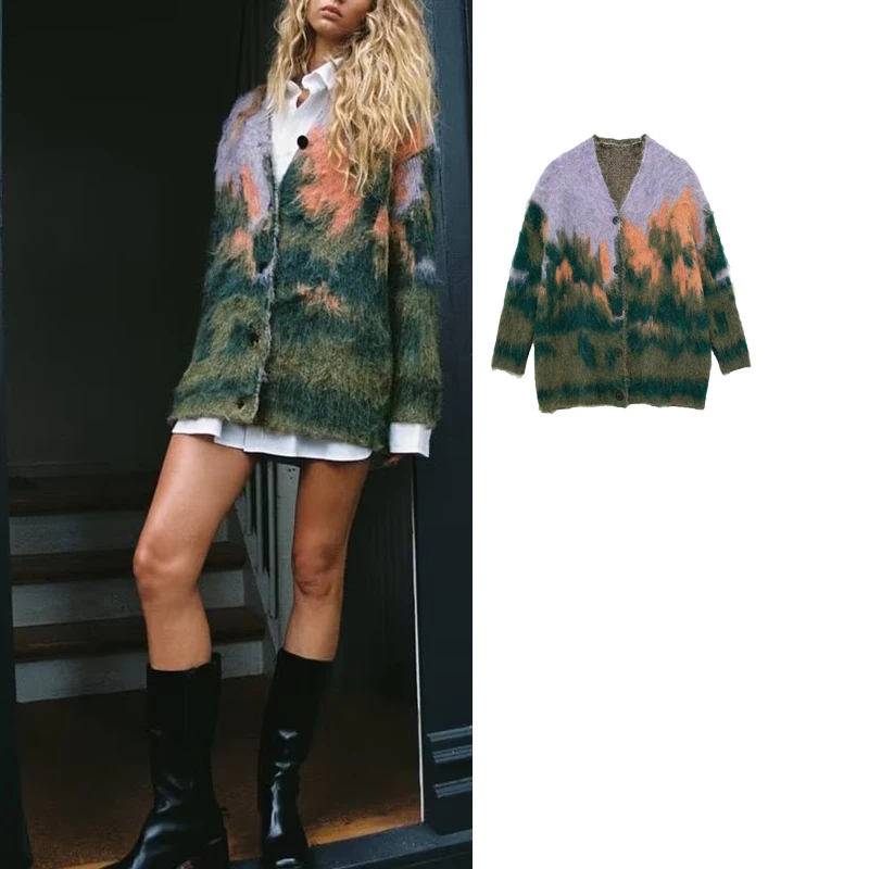 

TRAF Print Thick Sweater Cardigan Women V-neck Button-up Casual Sweater Autumn Winter Female Loose Knit Cardigans Coat