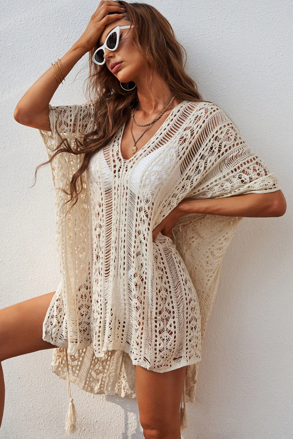 

Black Crochet Knitted Tassel Tie Kimono Beachwear