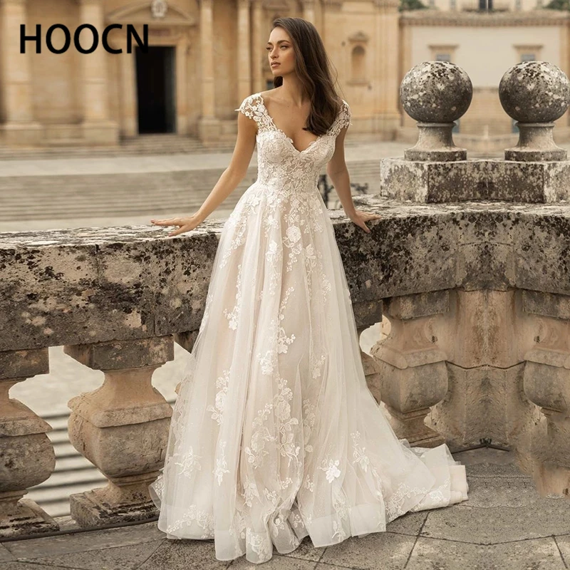 

HERBURNL Geogeous Wedding Dress V-Neck Cap Sleeves Lace Appliqués Tulle Perspective Classic Summer Bridal Elegant Fashion New