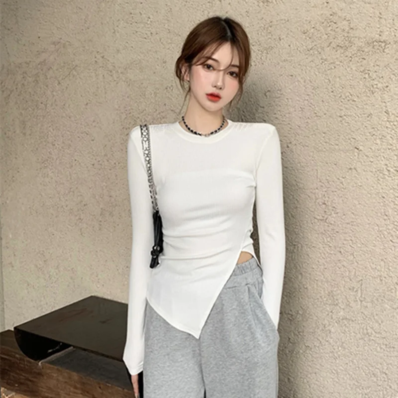 

Весенний Тонкий Топ в Корейском стиле с Боковым Разрезом, приталенный Универсальный тонкий пуловер с длинными рукавами, Женский трикотажны...