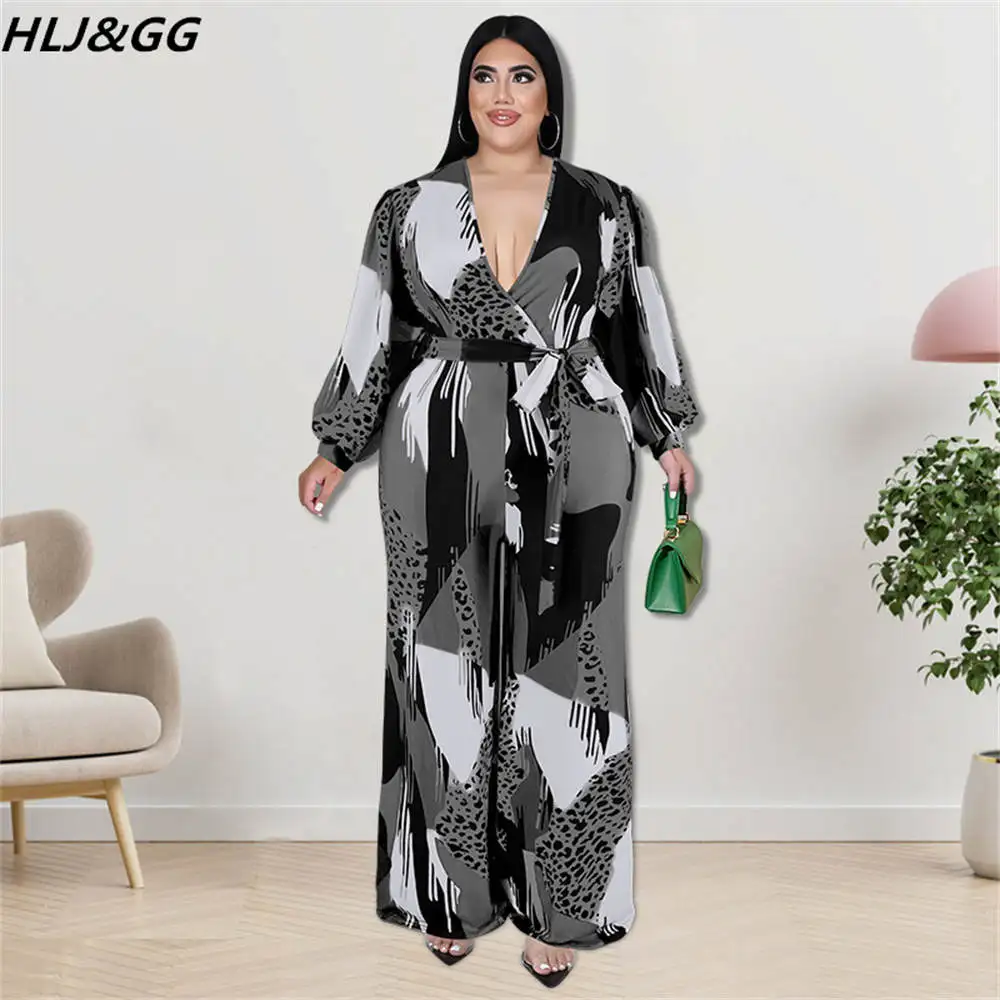 HLJ&GG Fashion Streetwear Geometric Pattern Print Jumpsuits Women Sexy V Neck Long Sleeve Playsuits Fall Female Overalls Rompers