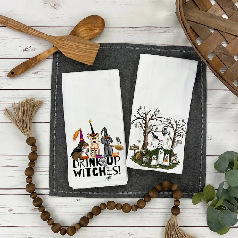 S With Dog Witches And Ghosts Halloween Tea Towels Kitchen D