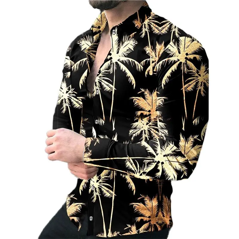 

Luxury Social Men Shirts Turn-down Collar Buttoned Shirt Casual Coconut Tree Print Long Sleeve Tops Mens Clothes Hawaii Cardigan