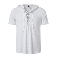 hawaii shirt mens casual blouse summer cotton linen shirt loose tops short sleeve tee shirt handsome hooded shirt