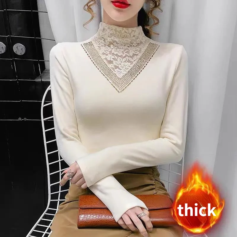 

2022 Autumn Winter Fleece Thick Bottoming Tops Lace Decorated Elegant T-shirt Long Sleeves Turtleneck Tops Korean Solid Clothing