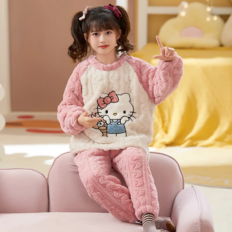 

Hello Kitty Cartoon Pajamas Sanrio Anime Autumn Winter Thickened Coral Velvet Round Neck Pullover Children's Flannel Loungewear