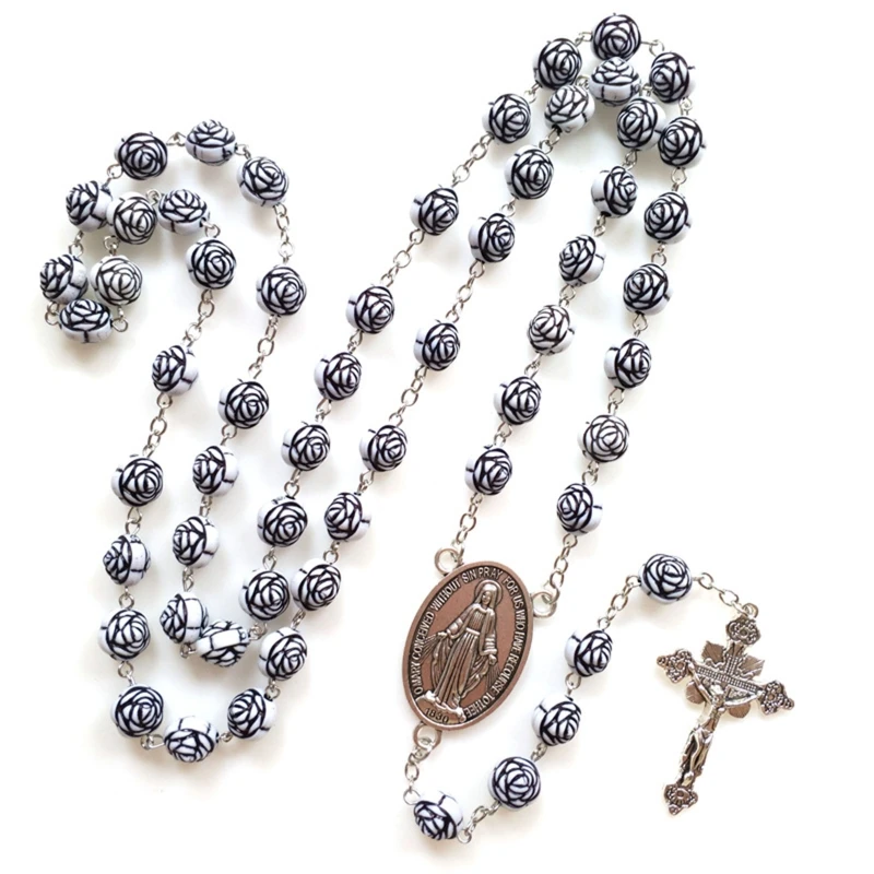 

Catholic Acrylic Beads Rosary Necklace with Holy Medals Jesus Crucifix Cross
