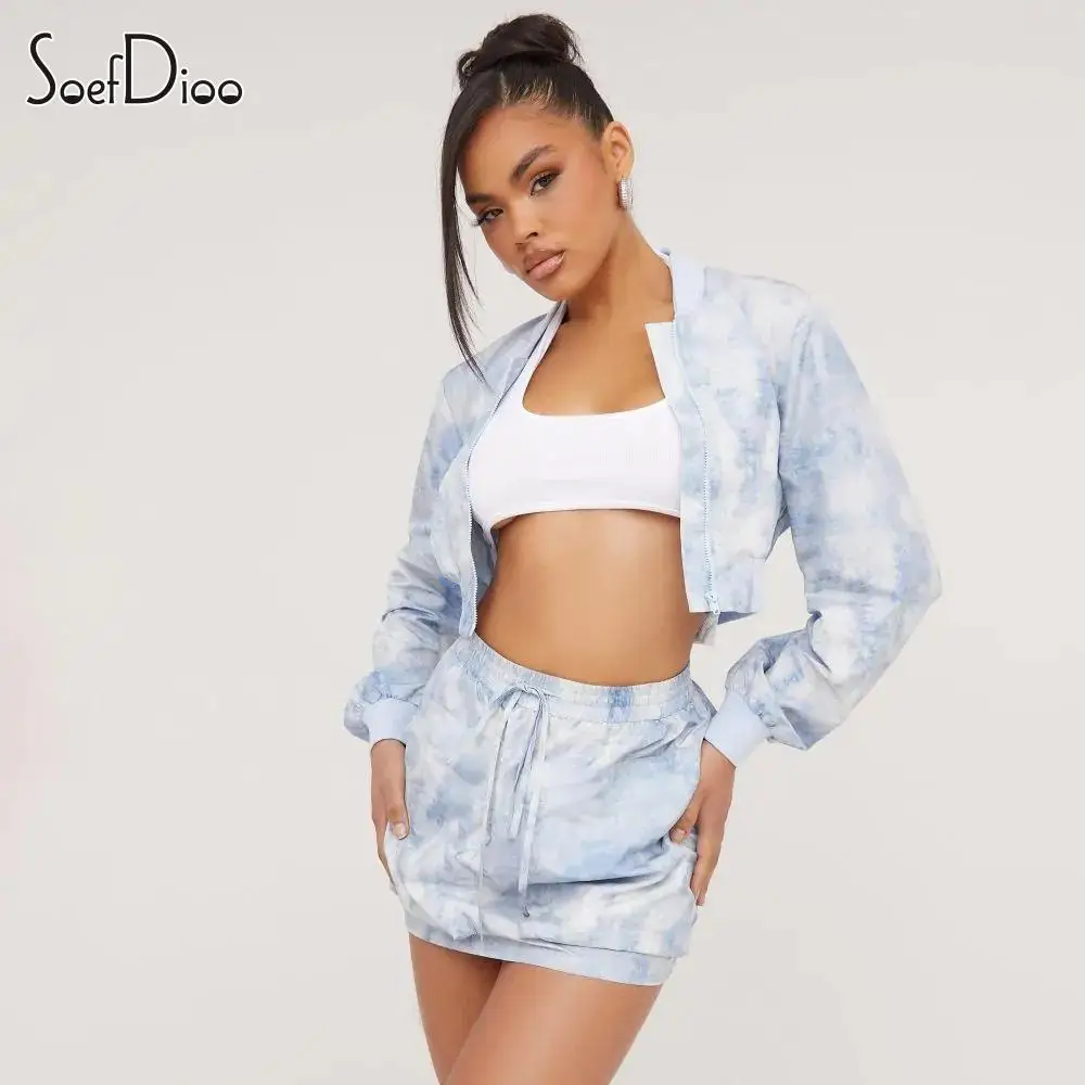 

Soefdioo Tie Dye Print Two Piece Set Women Casual Long Sleeve Zipper Short Jacket+Mini Skirts Suits 2023 Fashion Street Outfits