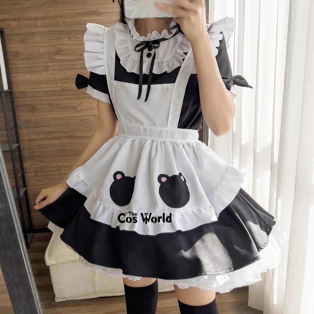 

S-5XL Lolita Sweet Bear Black White Apron Maidservant Maid Restaurant Dress Uniform Outfits Anime Cosplay Costume