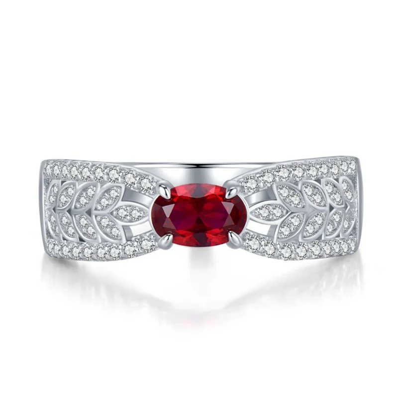 

Sterling silver wheat ear hollowed out ribbon imitation ruby ring for female niche design, luxurious and three-dimensional in st