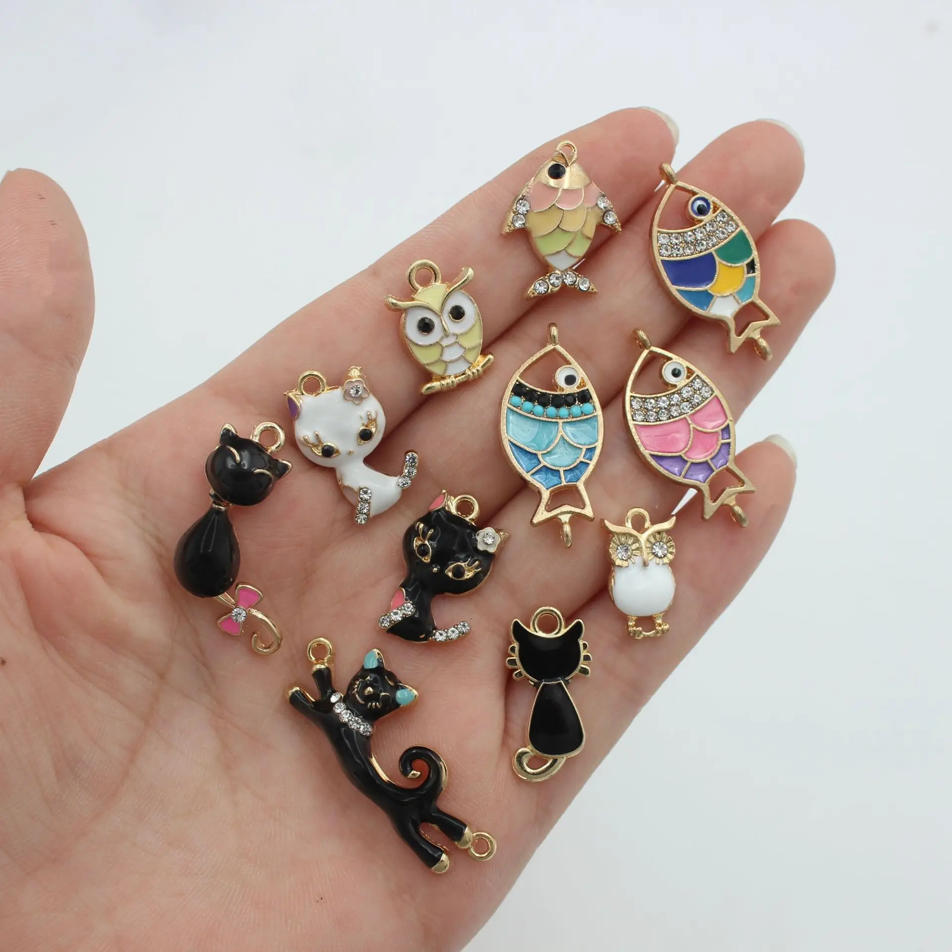 10pcs/Lot Fish Cat Owl Diy Design for Jewelry Making Earring Bracelet or Necklace Handmade Enamel Charms