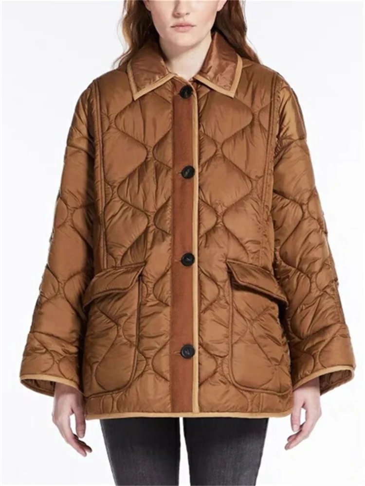 

Autumn Winter 2023 New Women Rhombic Lattice Quilting Solid Color Down Jacket Ladies Turn Down Collar Single Breasted Coat