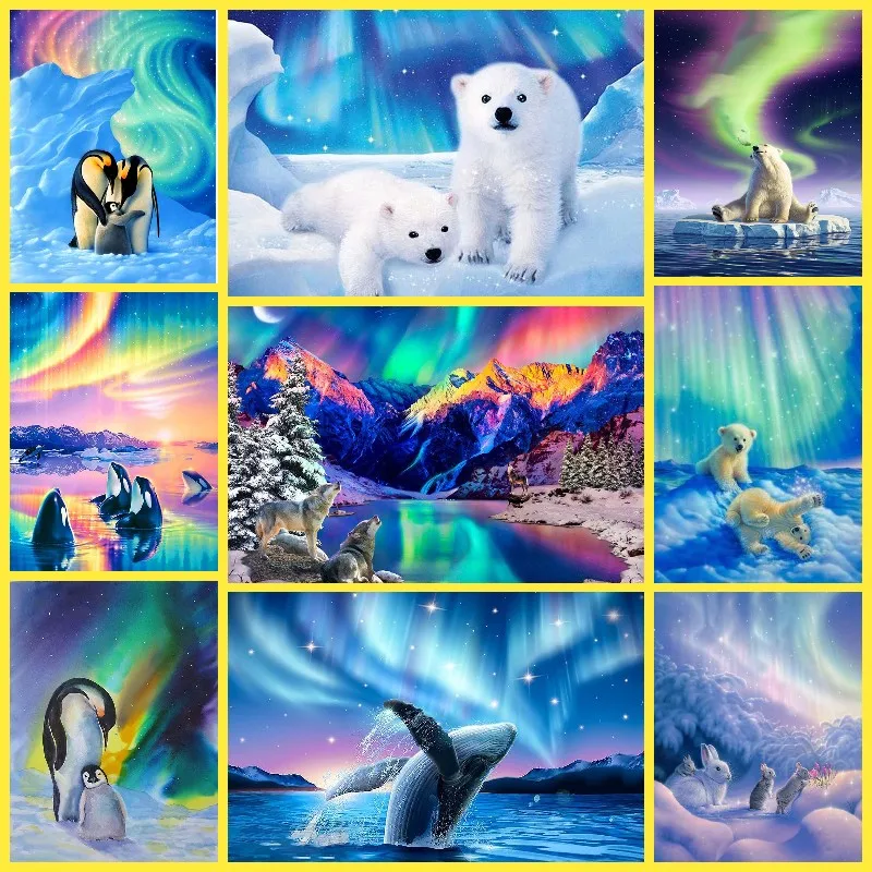 

5D Diamond Painting Full Square Polar Bear Penguin Aurora Diamond Embroidery Northern Lights Nature Art Picture Kits Home Decor