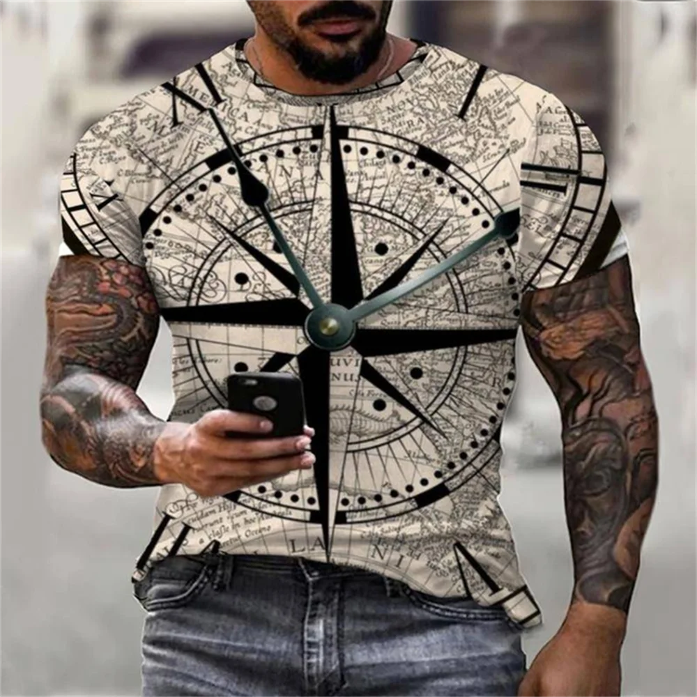 

Футболка мужская оверсайз в стиле Харадзюку, модная уличная Ретро футболка с 3D-принтом компаса, повседневный топ с коротким рукавом, модная одежда, лето