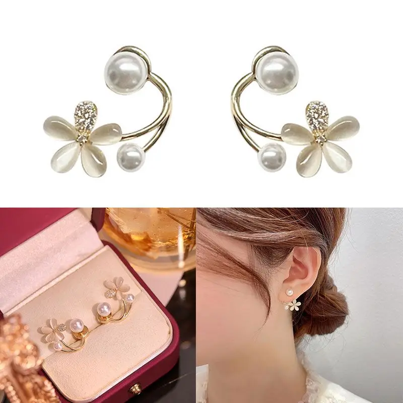 

New Arrival Stud Earrings Cat's Eye Stone Flower Pearl Earrings Fashion Metal Women Spring Summer Flower Pearl Jewelry