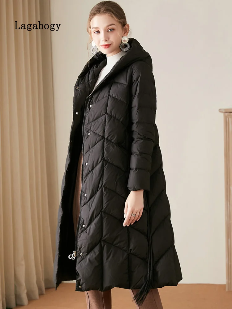 

Lagabogy 2022 New Winter Women Hooded Single Breasted Long Puffer Jacket Female 90%White Duck Down Coat Loose Warm Parka Outwear
