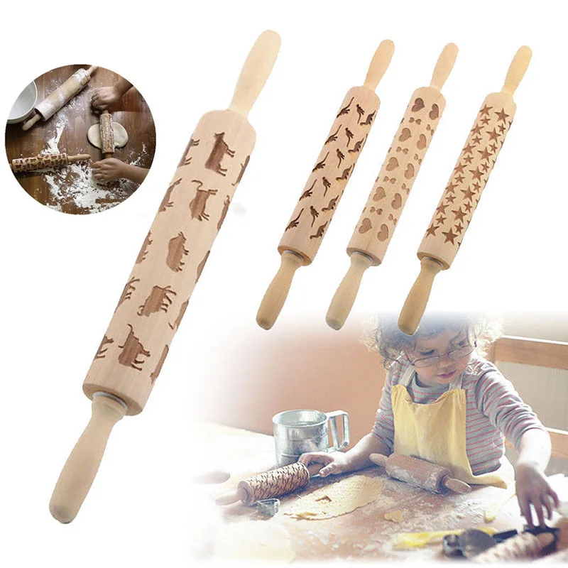 

Christmas Wood Embossing Rolling Pin Baking Cookies Noodle Biscuit Fondant Cake Dough Roller Home Kitchen Baking Rolling Pin