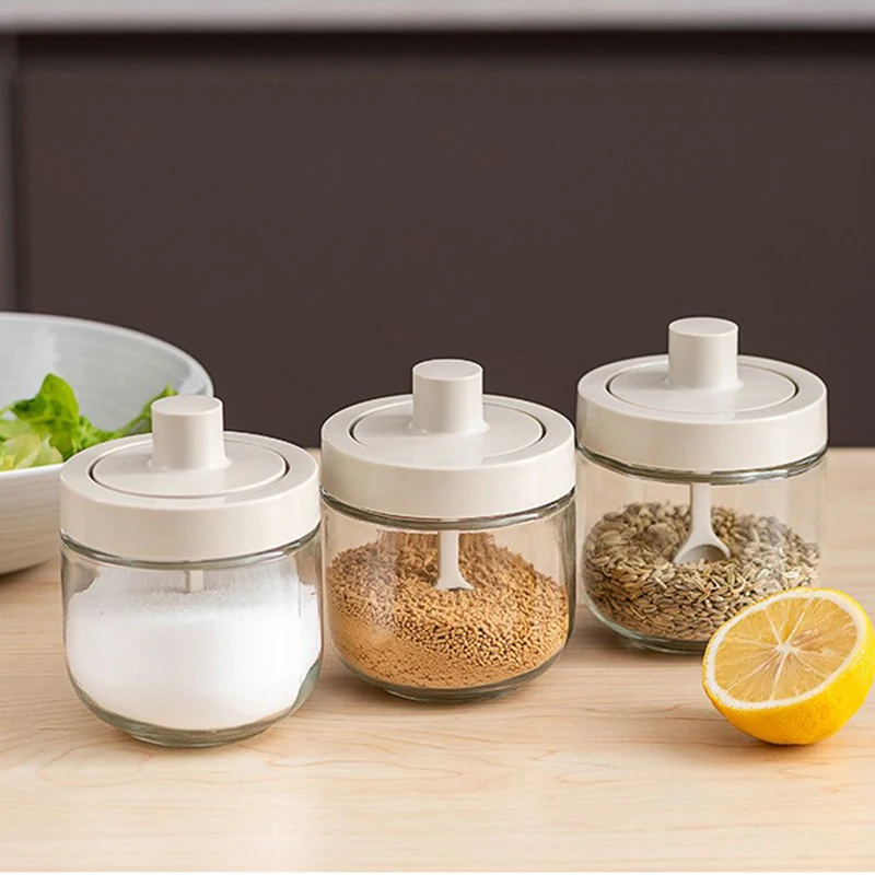 

Glass Spice Pot Spoon Lid Integrated Spice Pot Combination Condiment Pot Kitchen Utensils Glass Bottl Spice Jars Condiment tools