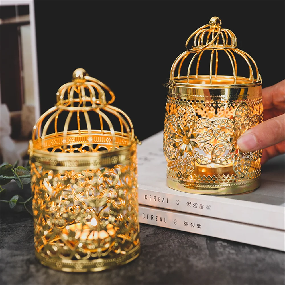 

Household Luxury Style Electroplated Hollow Metal Crafts Candle Holder Table Ornament Home Decoration Birdcage Candlestick