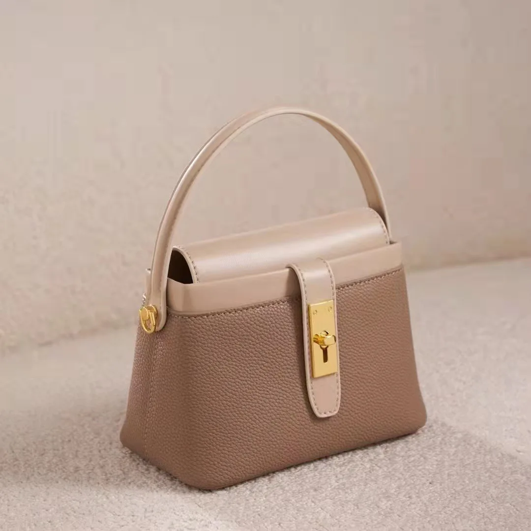 

Premium leather handbag minority women's bag 2022 new fashion contrast color Single Shoulder Messenger bucket leather women's ba