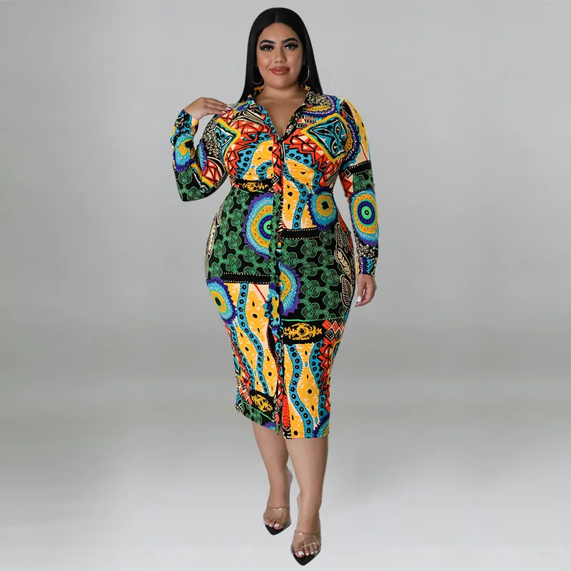 Plus Size Women's Clothing 2022 Fall Long Sleeve Dress Print Multicolor Casual Sexy Ladies Shirtdress XL-5XL Oversized