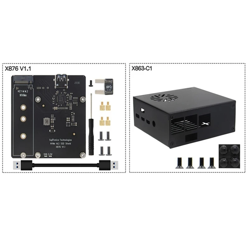 

X876 V1.1 M.2 NVME SSD Expansion Board+X863-C1 Metal Shell Kit For Raspberry Pi 4B NAS Storage Module Support UASP