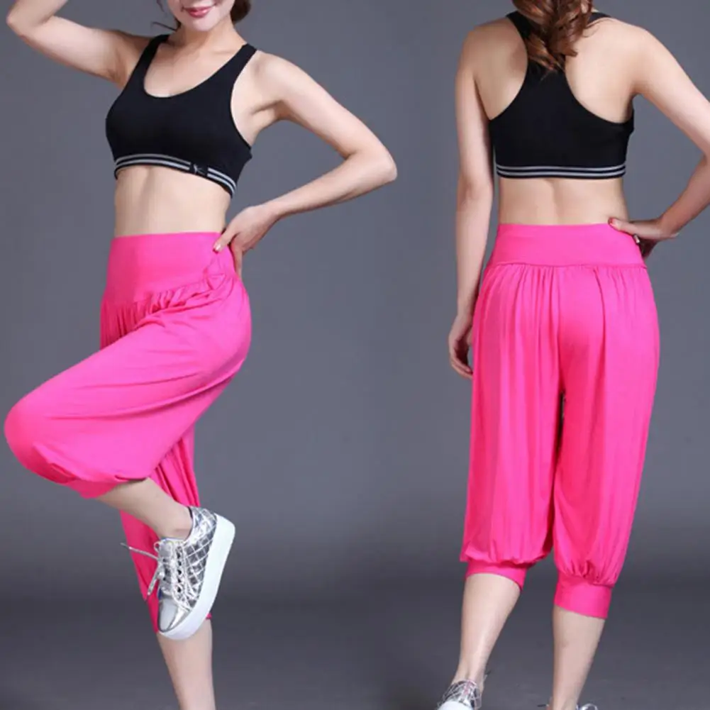 

Women Yoga Cropped Pants Solid Color Wide Elastic Waistband Summer Pants Dance Performance Wide Leg Pants Bloomers