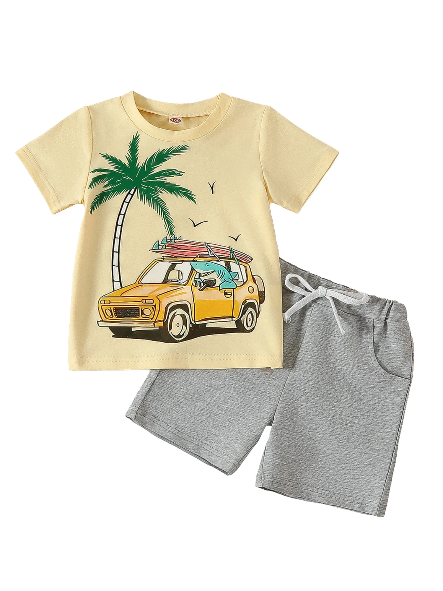 

Летняя одежда для маленьких мальчиков, топы с коротким рукавом и принтом в виде грузовика акулы, комплект с шортами для новорожденных, одежд...