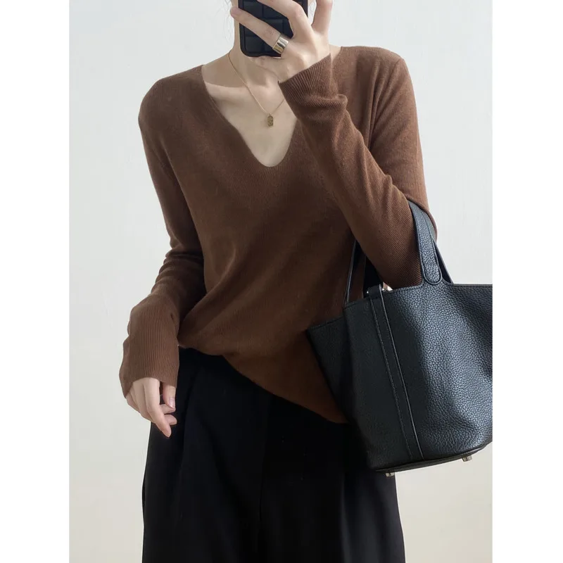 

V-neck Casual Women Sweater 2022 Autumn New Elegant Long Sleeve Solid Color Basic Female Knitted Tops