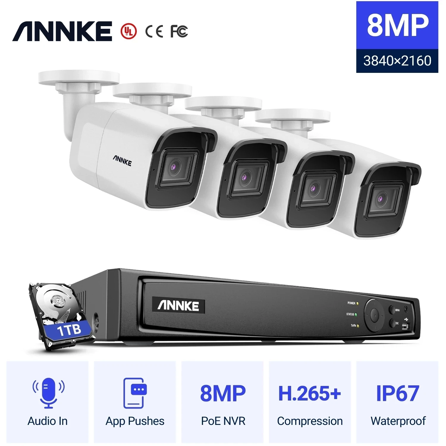 

ANNKE 8CH 8MP Ultra HD PoE Network Video Security System 4K H.265 Surveillance NVR 8MP H800 Audio in POE CCTV Bullet Cameras