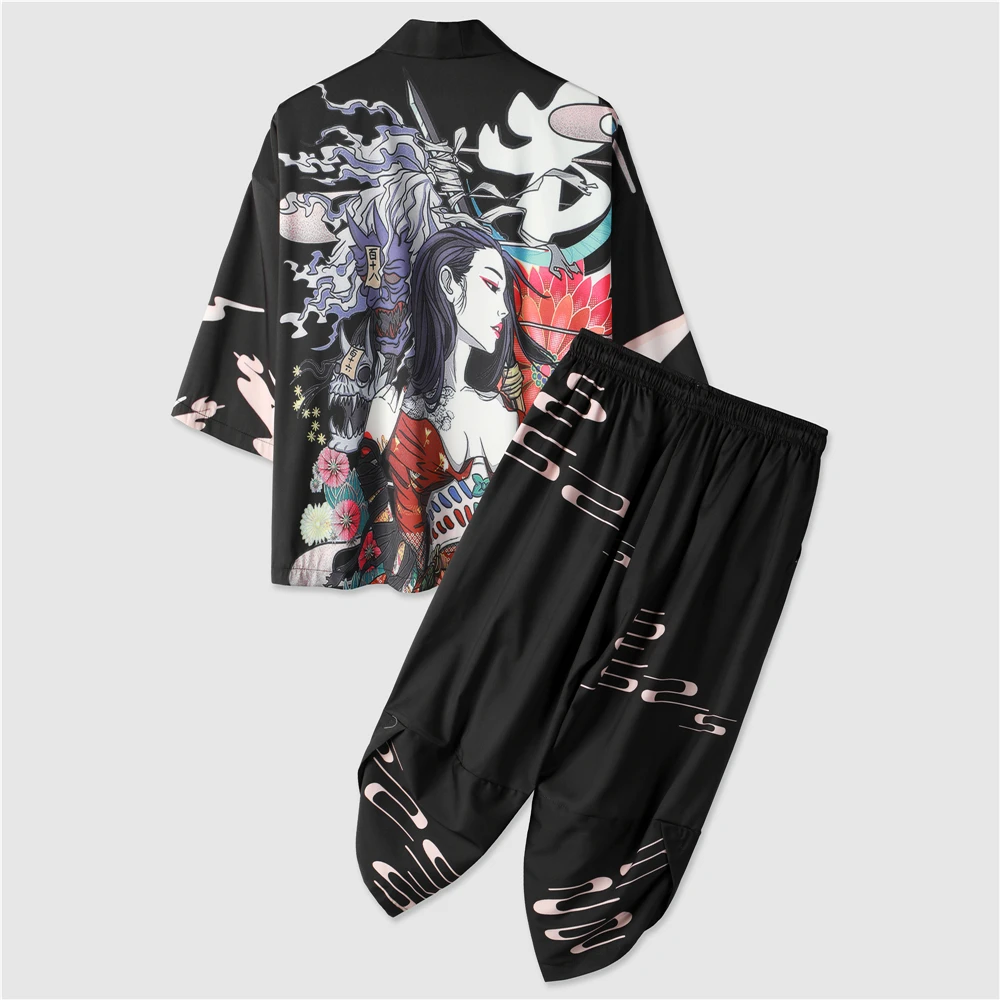 

OSCN7 Casual Men Random Print Graphic Kimono & Pants Without Tee 2022 Kimono for Men Street Haori Loose Taoist Robe Mens S274